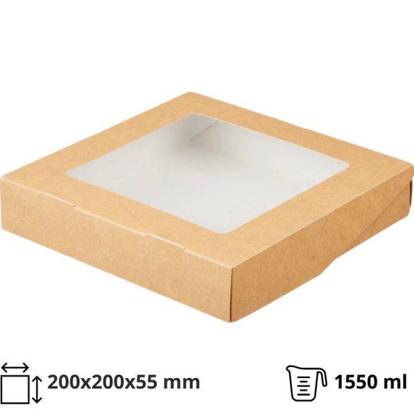 Papirnata posuda  s prozorom ECO TABOX 1550 ml 200x200x55 mm kraft 25 kom