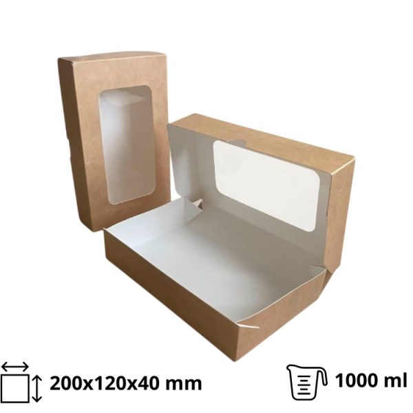 Papirnata posuda s prozorom ECO TABOX 1000 ml 200x120x40 mm kraft 25 kom