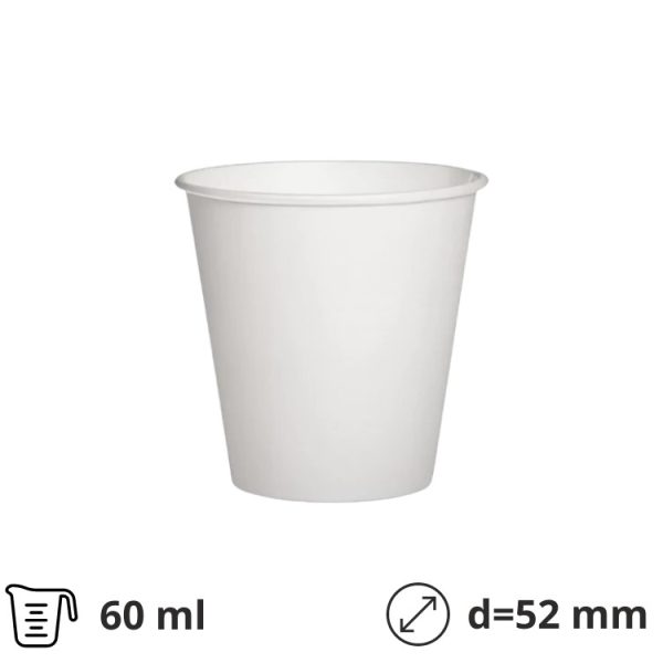 Čaša papirnata 60 ml d=52 mm 1-slojna bijela, 100 kom