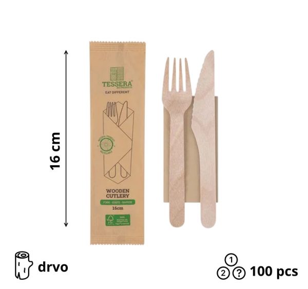 Komplet 3 drveni (vilica, nož, servieta) 100 kom