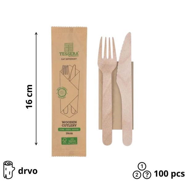 Komplet 3 drveni (vilica, nož, servieta) 100 kom
