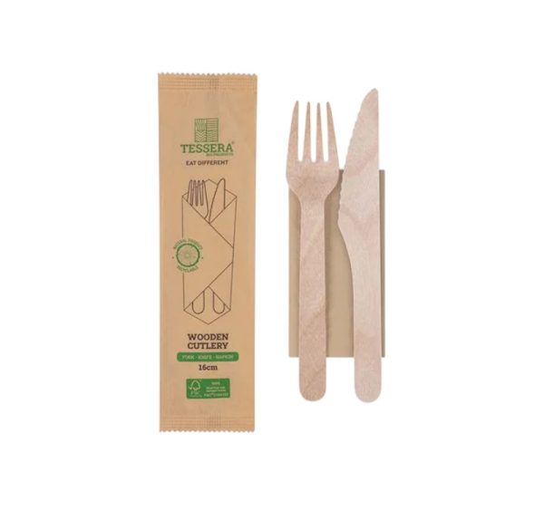 Komplet 3 drveni (vilica, nož, servieta) 100 kom