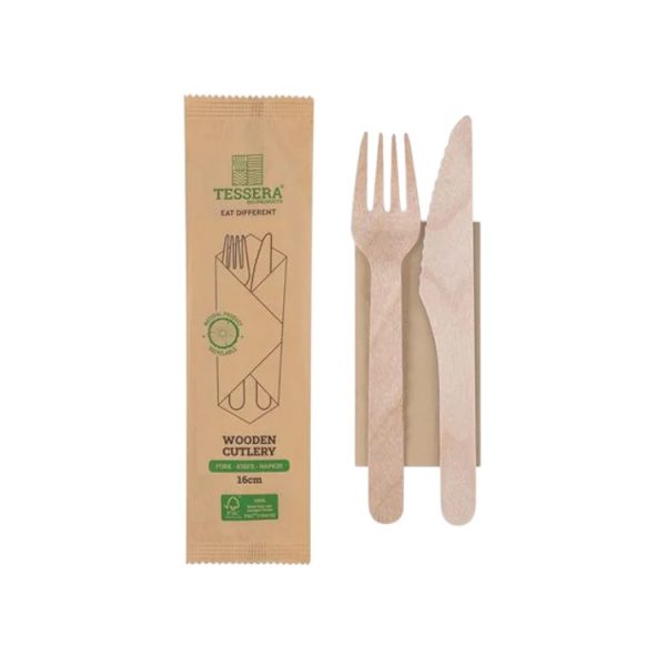 Komplet 3 drveni (vilica, nož, servieta) 100 kom