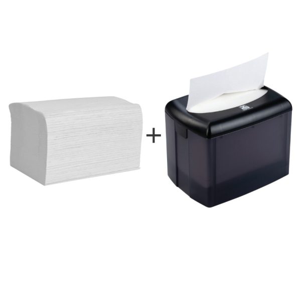 Papirnate salvete Interfold 2 sl 16,5х21,2 cm bieli 200 l/pak +Dozator za papirnate salvete Interfold 12,9×18,3×14,3 cm (komplet)