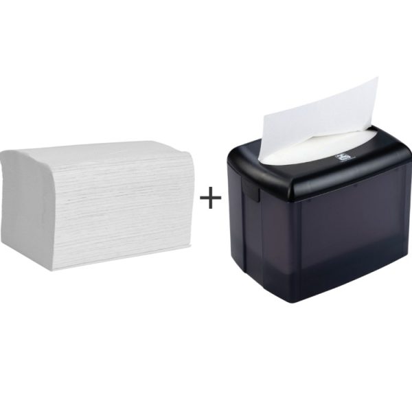 Papirnate salvete Interfold 2 sl 16,5х21,2 cm bieli 200 l/pak +Dozator za papirnate salvete Interfold 12,9×18,3×14,3 cm (komplet)