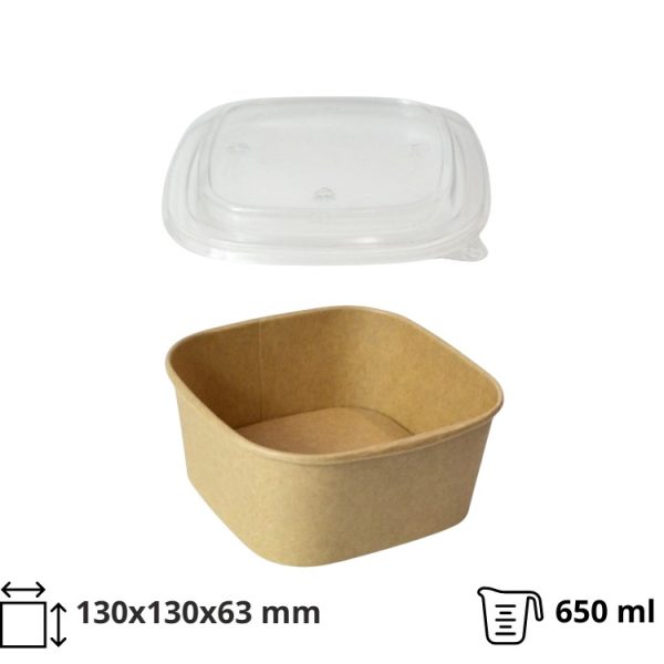 Papirnata posuda za poklopcem 650 ml  130х130х63 mm, kraft, 50 kom (komplet)