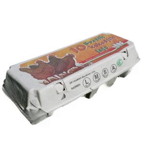 Kutija za 10 jaja pulpa kartona, siva s otiskom tri kokoši [120 kom/pak]