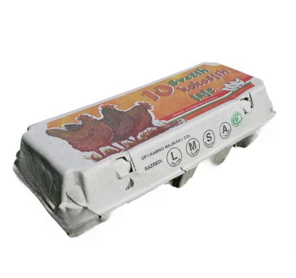 Kutija za 10 jaja pulpa kartona, siva s otiskom tri kokoši [120 kom/pak]