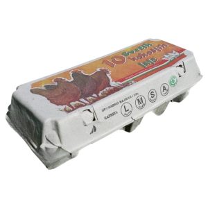 Kutija za 10 jaja pulpa kartona, siva s otiskom tri kokoši [120 kom/pak]