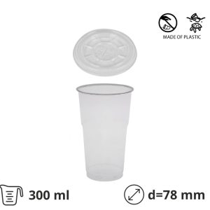Čaša rPet 300 ml prozirna tvrde sa žigom za poklopcem d=78 mm (komplet)