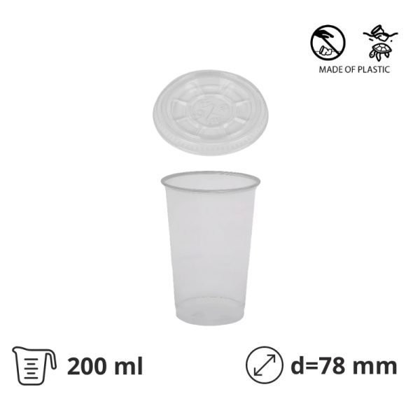 Čaša rPet 200 ml prozirna tvrde sa žigom za poklopcem d=78 mm 50 kom (komplet)