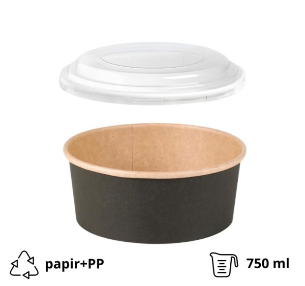 Papirnata posuda za PP poklopcem 750 ml d=150 mm crna/kraft 45 kos (komplet)