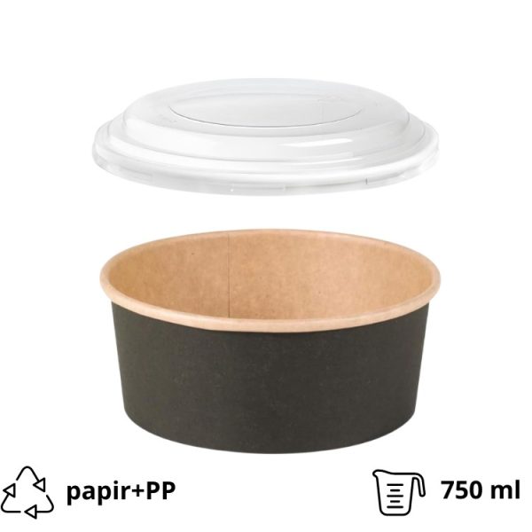 Papirnata posuda za PP poklopcem 750 ml d=150 mm crna/kraft 45 kos (komplet)