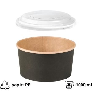 Papirnata posuda za PP poklopcem 1000 ml d=150 mm crna/kraft 45 kos (komplet)