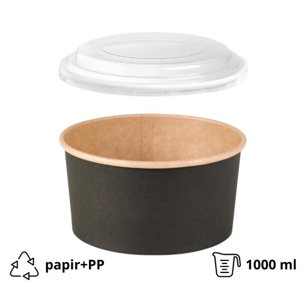 Papirnata posuda za PP poklopcem 1000 ml d=150 mm crna/kraft 45 kos (komplet)
