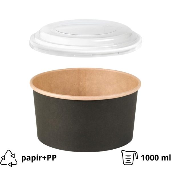 Papirnata posuda za PP poklopcem 1000 ml d=150 mm crna/kraft 45 kos (komplet)