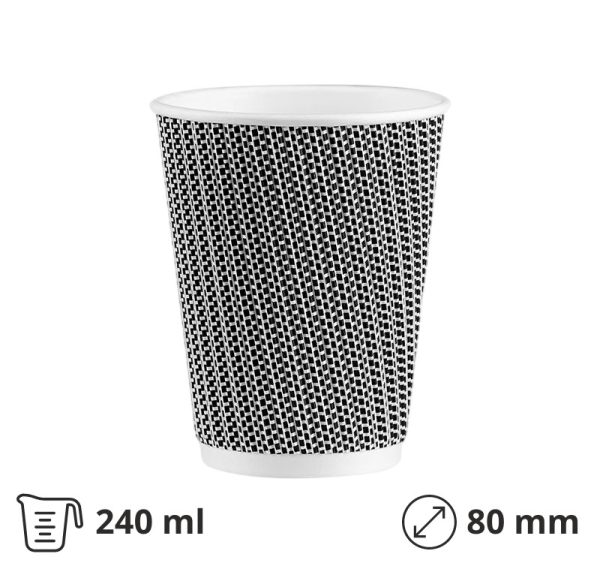Čaša papirnata 240 ml d=80 mm ripple crna/bijela SUP, 25 kom