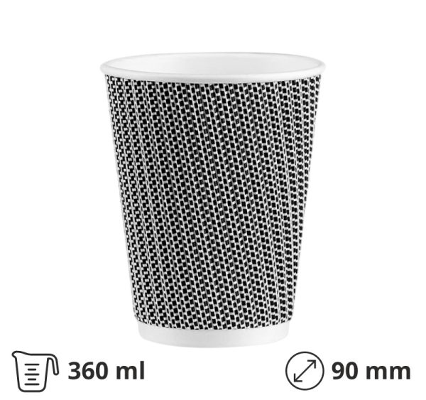 Čaša papirnata 360 ml d=90 mm ripple crna/bijela SUP, 25 kom