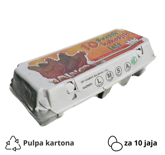 Kutija za 10 jaja pulpa kartona, siva s otiskom tri kokoši [120 kom/pak]