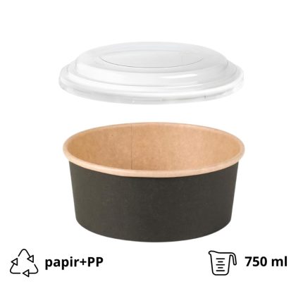 Papirnata posuda za PP poklopcem 750 ml d=150 mm crna/kraft 45 kos (komplet)
