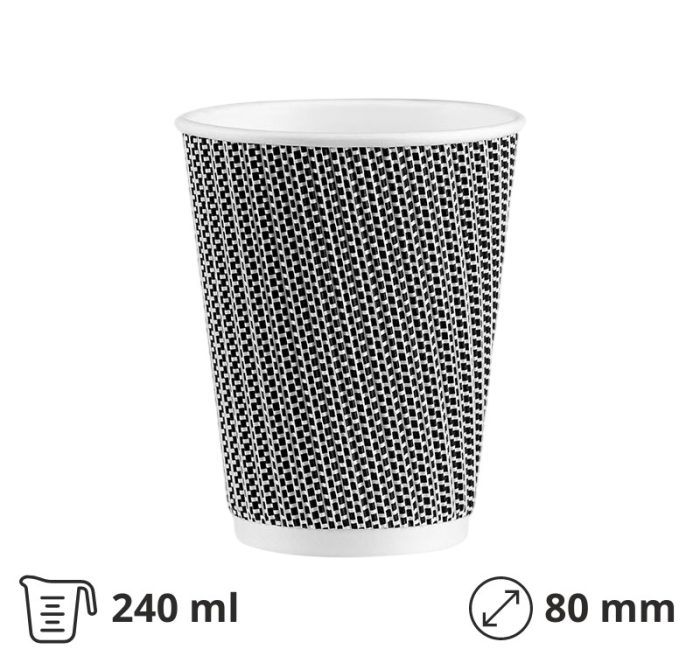 Čaša papirnata 240 ml d=80 mm ripple crna/bijela SUP, 25 kom