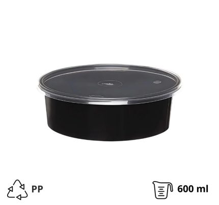 Posuda PP 600 ml d=145 mm h=46 mm crna s poklopcem [50 kom/pak]