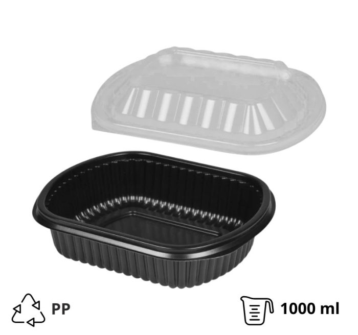 Posuda PP 1000 ml 210x180x50 mm crna za poklopcem, 50 kom (komplet)