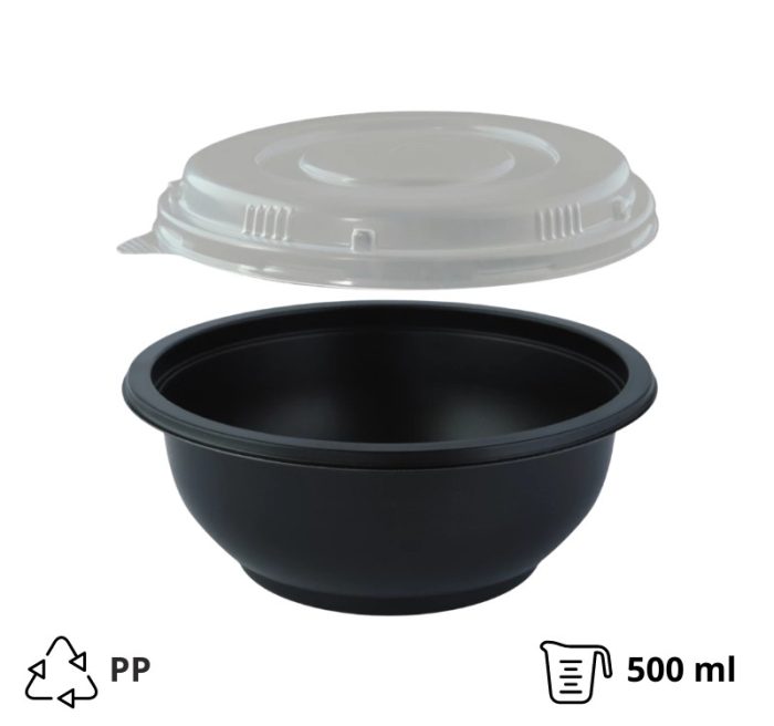 Posuda za juhu za poklopcem PP 500 ml d=145 mm h=60 mm, crna. 50 kom (komplet)