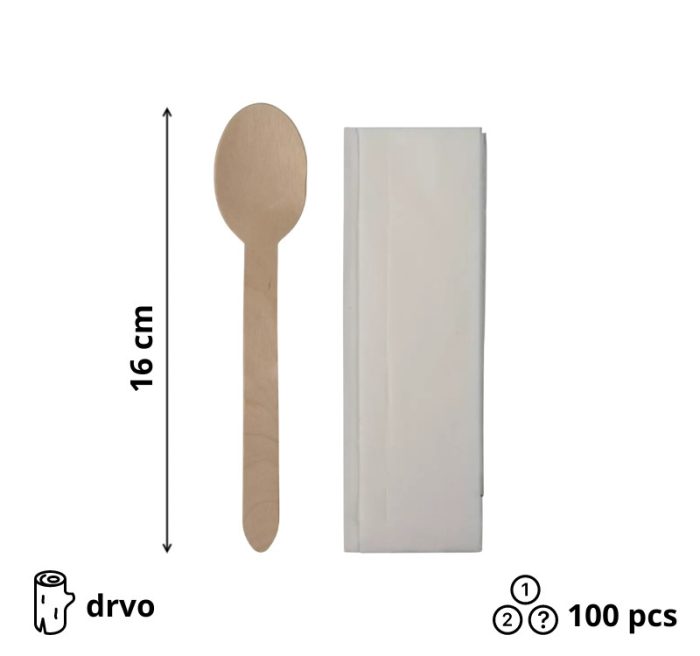Komplet 2 drveni (žlica 160 mm, servieta) [100 kom/pak]