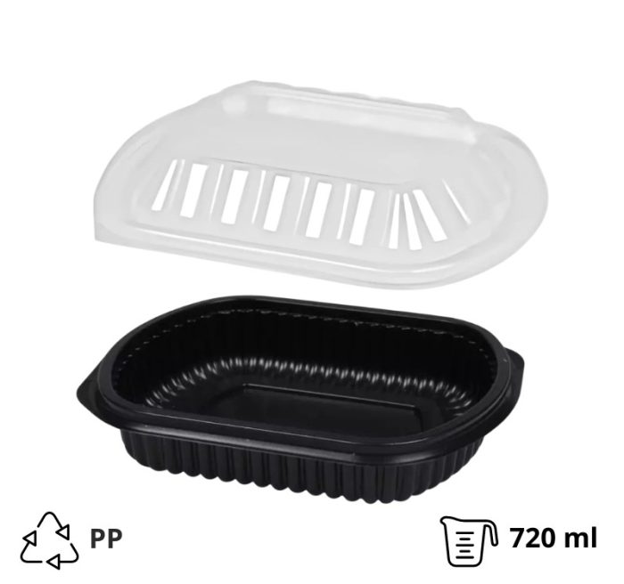 Posuda PP za poklopcem 210x180x40 mm ,720 ml crna, 150 kom (komplet)