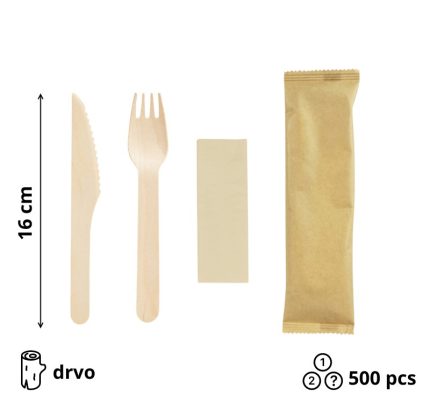 Komplet 3 drveni (vilica, nož, servieta) 16cm 500 kom