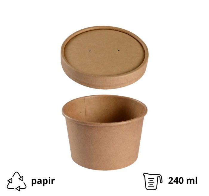 Posuda papirnata za juhu za poklopcem 240 ml d=90 mm h=60 mm kraft, 25 kom (kompet)