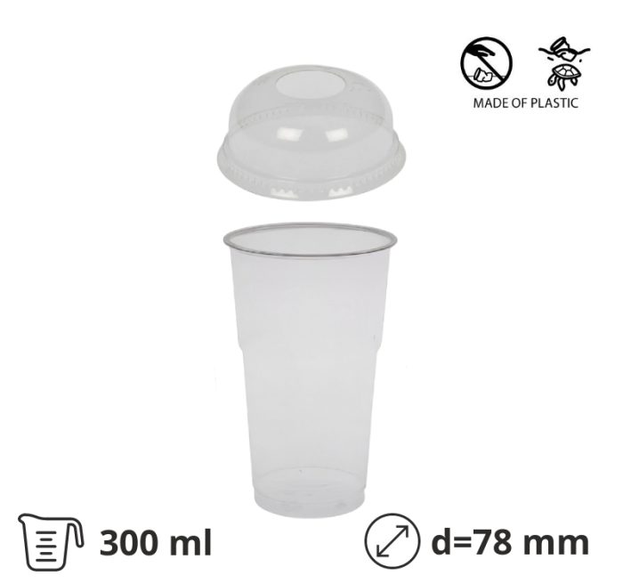 Čaša rPet 300 ml prozirna tvrde sa žigom za poklopcem d=78 mm (komplet)