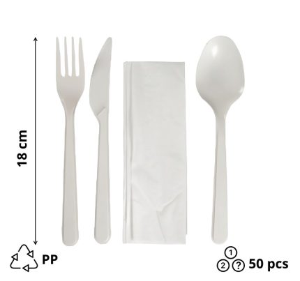 Komplet 4 bijeli PP (vilica, nož, žlica, salveta) 18 сm 50 kom