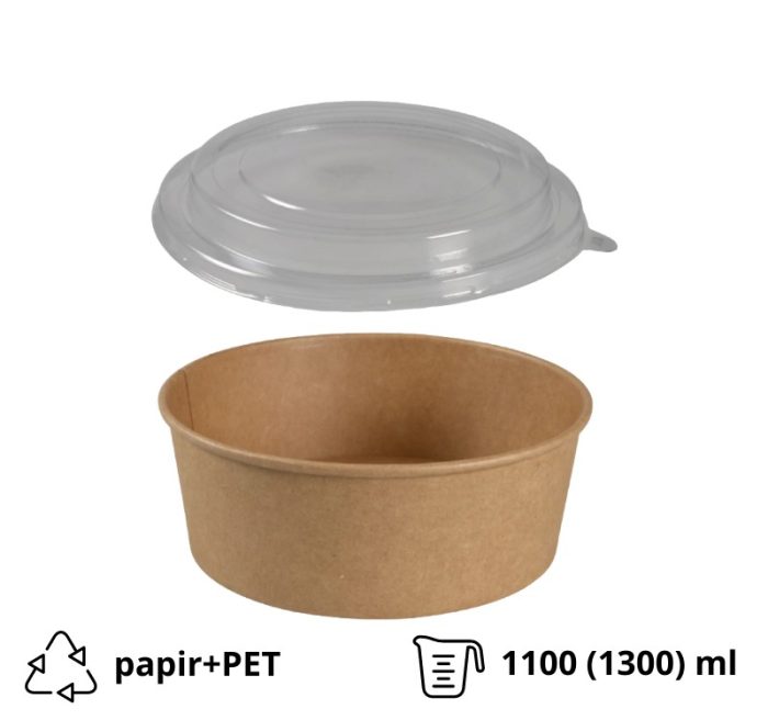 Posoda papirnata 1100 (1300) ml d=190 mm h=66 mm, kraft, za poklopcem, 50 kom (komplet)
