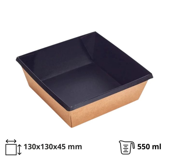 Papirnata posuda OneClick 550 ml, 130x130x45 mm, kraft/crna, bez poklopca 50 kom