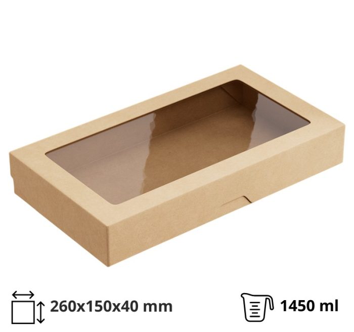 Papirnata posuda s prozorom OneBox 1450 ml 260x150x40 mm kraft 25 kom
