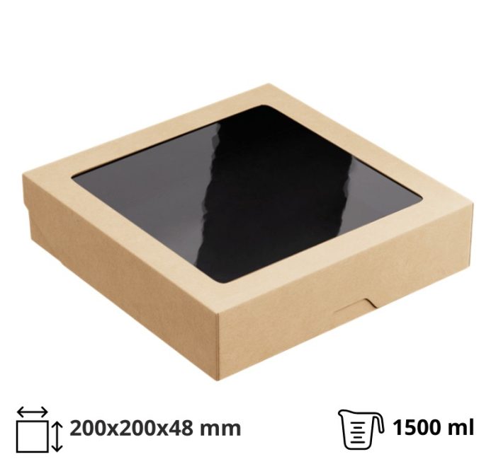 Papirnata posuda s prozorom OneBox 1500 ml 200x200x48 mm kraft/crna 25 kom