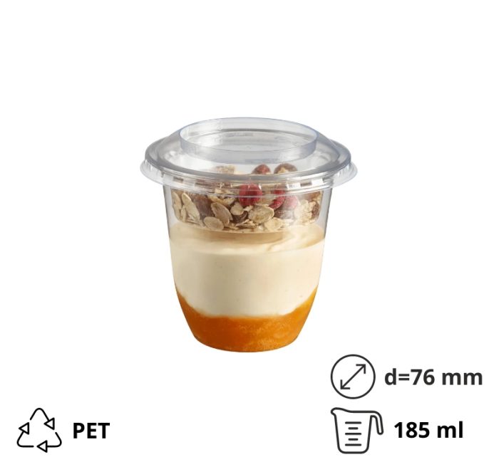Posudica PET 185ml d=76mm h=72mm prozirna za deserte/voće/salatu za poklopcem (komplet)