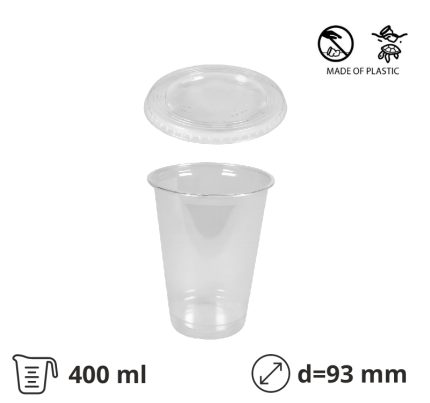 Čaša rPet 400 ml prozirna tvrde za poklopcem d=93 mm 50 kom (komplet)