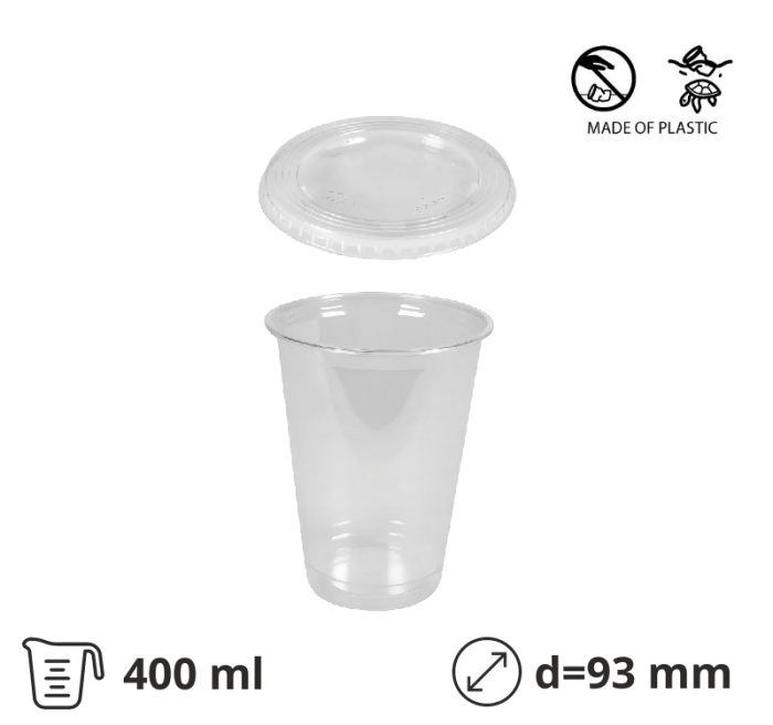 Čaša rPet 400 ml prozirna tvrde za poklopcem d=93 mm 50 kom (komplet)