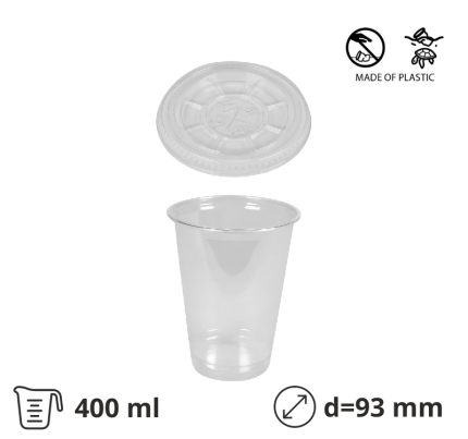 Čaša rPet 400 ml prozirna tvrde za poklopcem d=93 mm 50 kom (komplet)