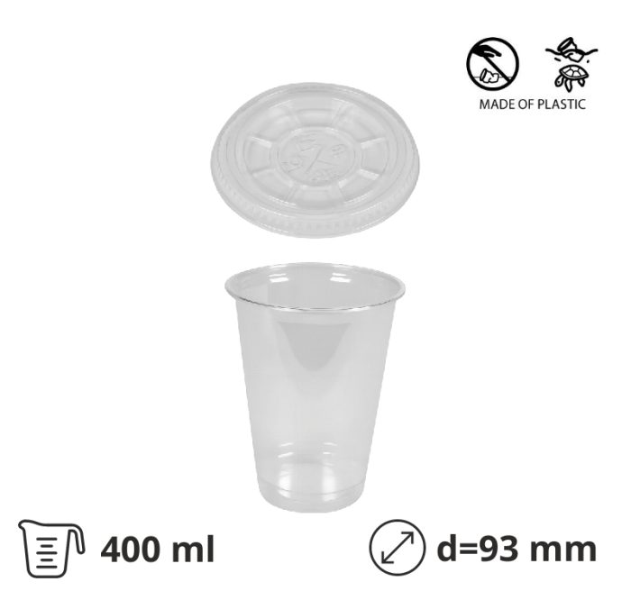 Čaša rPet 400 ml prozirna tvrde za poklopcem d=93 mm 50 kom (komplet)