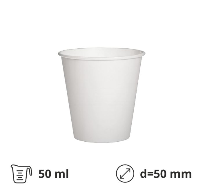 Čaša papirnata 50 (55) ml d=50 mm 1-slojna bijela SUP, 50 kom